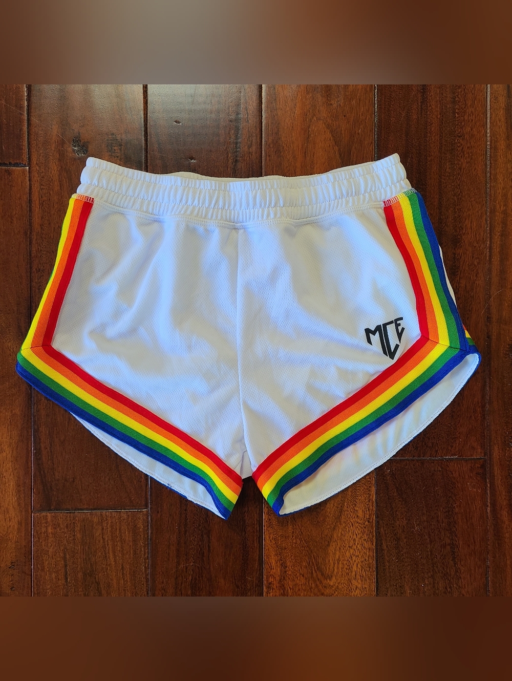 MCE White & Rainbow Pride Shorts Side Rainbow Stripes Athletic Shorts Small 25"